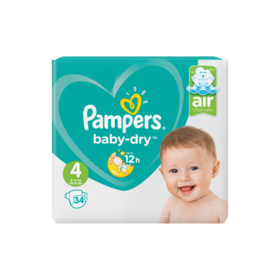 Pampers Baby-Dry Maat 4, 34 Luiers, Voor Droge Ademende Huid